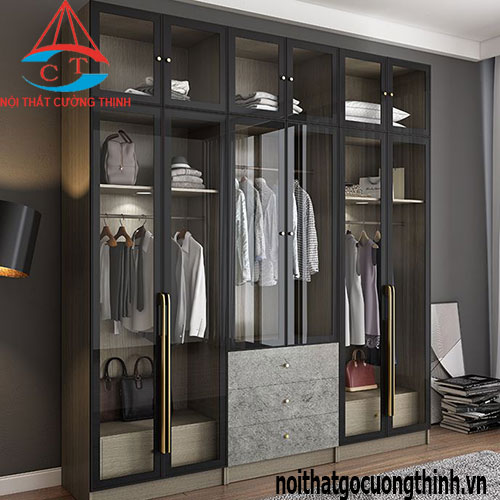 Mẫu tủ quần áo gỗ vân đá cánh kính hiện đại