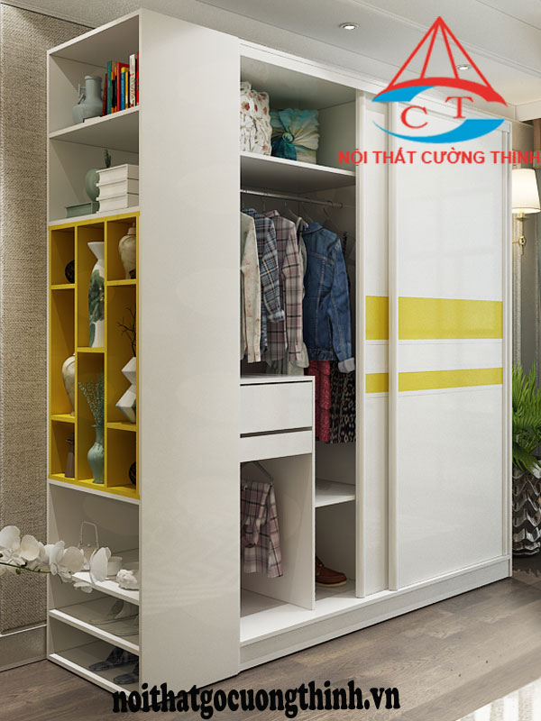 Tủ quần áo hiện đại kết hợp kệ sách đa năng 2 cửa lùa trắng sọc vàng