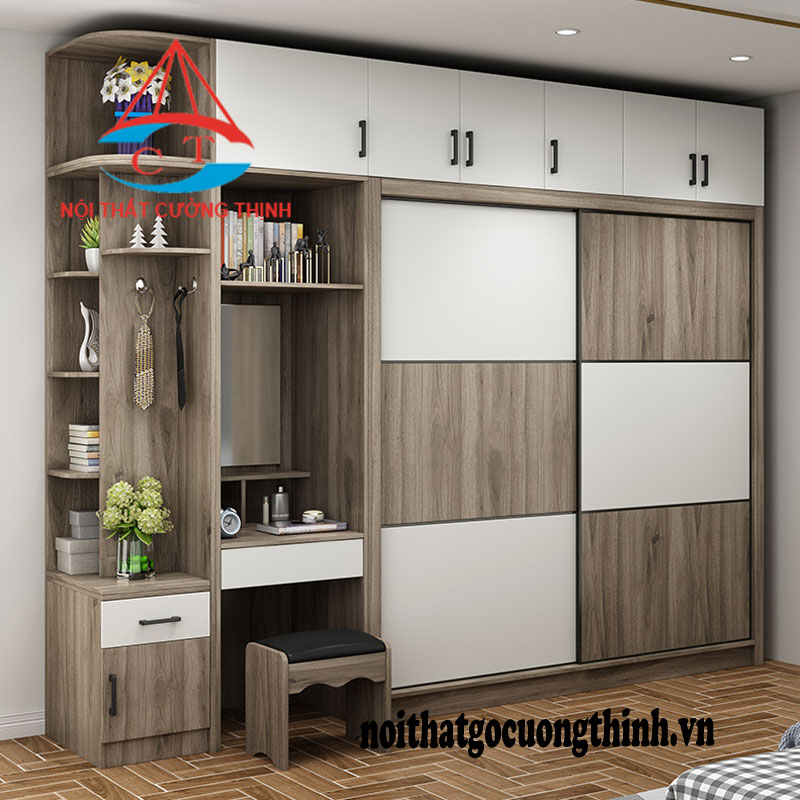 Tủ quần áo đa năng hiện đại 2 cánh lùa trắng và sọc xám