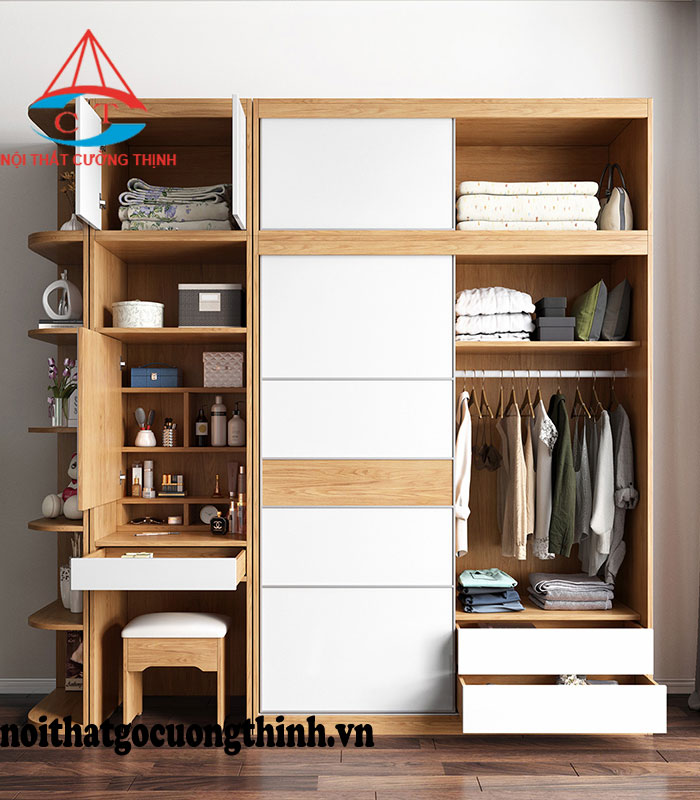 Mẫu tủ quần áo đẹp đa năng hiện đại màu trắng và vàng sồi