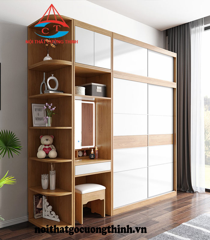 Tủ quần áo hiện đại đa năng 2 cánh trượt trắng vàng sồi