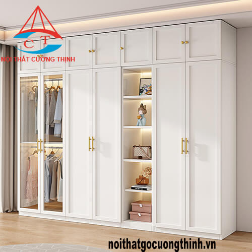 Tủ treo quần áo hiện đại gỗ MDF màu trắng cánh kính 