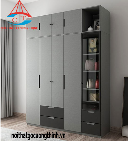 Mẫu tủ đựng quần áo kết hợp kệ trang trí kịch trần đẹp