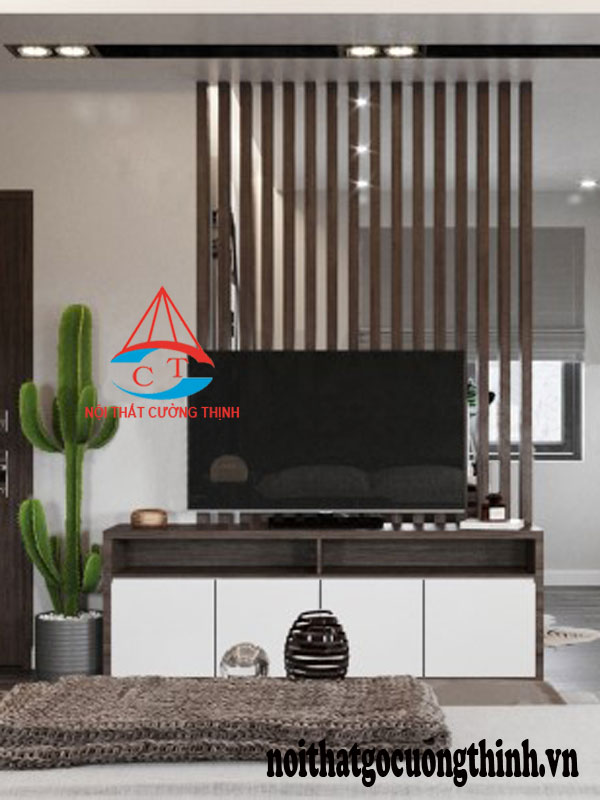 Kệ tivi kết hợp vách lam gỗ ngăn phòng hiện đại