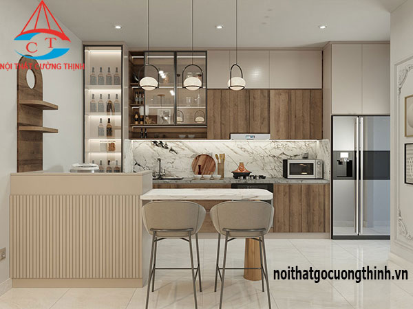 Mẫu tủ bếp đẹp và hiện đại kết hợp cùng đảo bếp có bàn ăn đơn giản