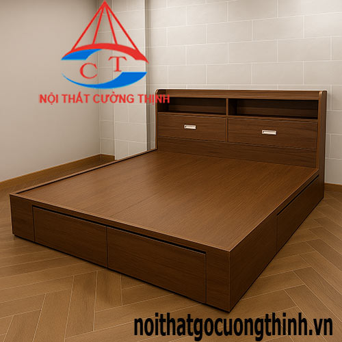 Kiểu giường ngủ có ngăn kệ trên và hộc kéo bên hông và cuối giường vân gỗ óc chó sang trọng