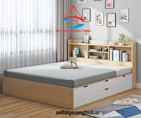 Giường có 4 ngăn kéo kết hợp giá sách gỗ công nghiệp hiện đại
