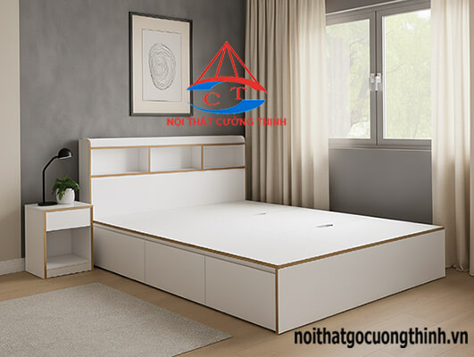 Giường gỗ MDF 1m8 màu trắng có ngăn kéo hiện đại