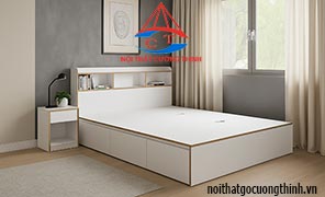 Giường ngủ gỗ MDF 1m8x2m màu trắng có ngăn kéo