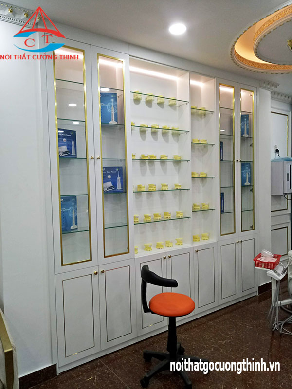 Mẫu tủ trưng bày mô hình sản phẩm và dụng cụ nha khoa đẹp