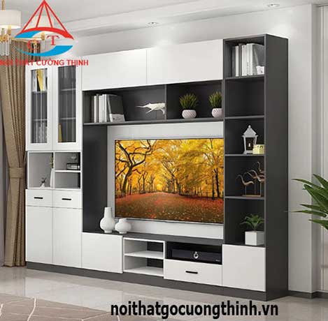 Mẫu tủ tivi phòng khách đẹp hiện đại với màu xám trắng sang trọng 