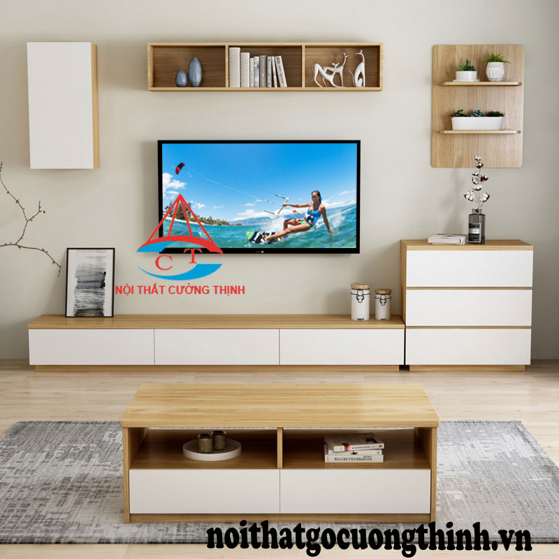 Bộ kệ để tivi phòng khách đẹp hiện đại có tủ sách treo tường