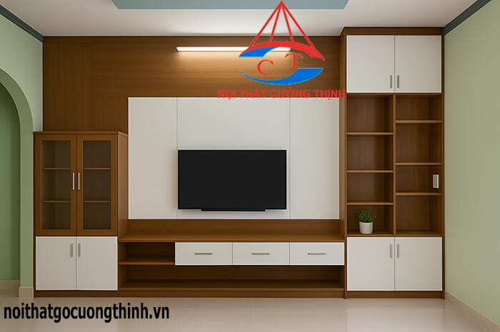 Mẫu kệ tivi phòng khách hiện đại kết hợp tủ nhiều ngăn gỗ công nghiệp 