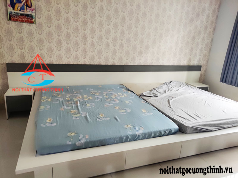 Mẫu giường đôi dạng bệt kiểu Nhật có ngăn kéo