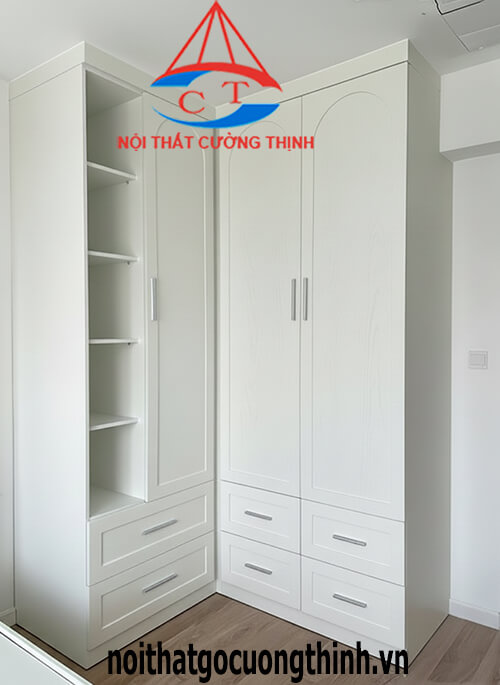 Mẫu tủ quần áo chữ L nhỏ gọn kịch trần màu trắng đẹp 