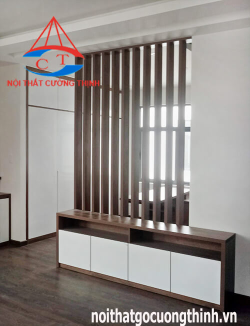 Mẫu vách ngăn phòng kết hợp tủ kệ tivi gỗ đẹp