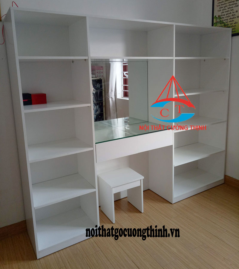 Tủ đựng giỏ xách màu trắng có bàn phấn đẹp hiện đại gỗ công nghiệp