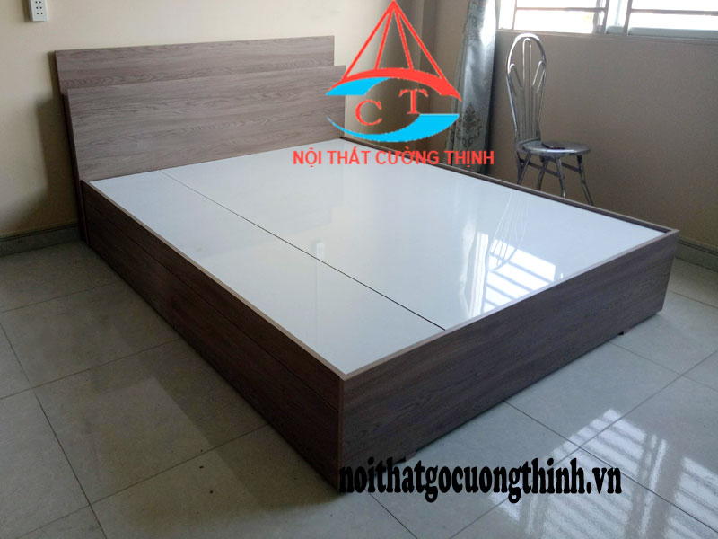 Giường gỗ công nghiệp Melamine màu xám đầu giường có ngăn để đồ