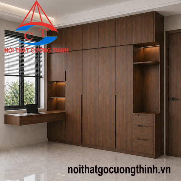 Mẫu tủ quần áo liền bàn làm việc, bàn học có kệ sách gỗ công nghiệp hiện đại  đẹp