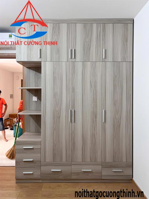 Mẫu tủ quần áo gỗ MDF chống ẩm vân xám 1m8 cao đến trần thiết kế 3-4 cánh