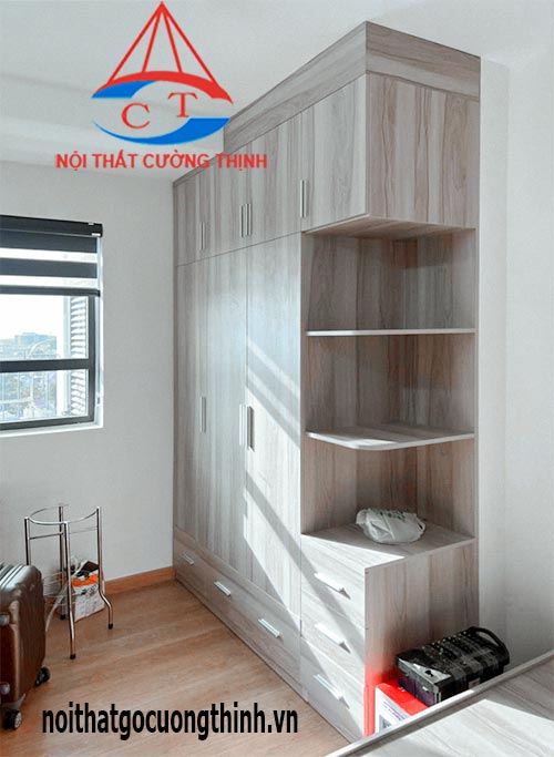 Mẫu tủ áo gỗ MDF 1m8 kịch trần kết hợp kệ trang trí tiện nghi trong phòng ngủ