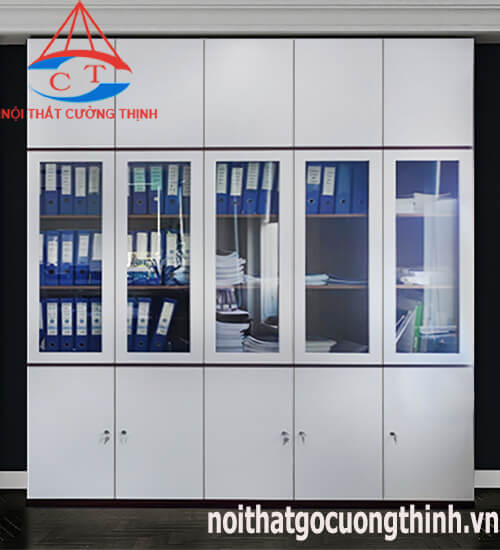 Tủ gỗ công nghiệp màu nâu cánh trắng kèm kính đựng hồ sơ tiện ích