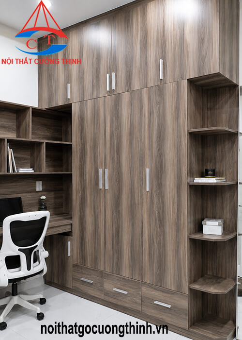 Mẫu tủ quần áo kết hợp bàn làm việc góc L hiện đại