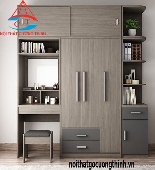 Tủ quần áo kết hợp bàn trang điểm gọn gàng gam màu xám vân gỗ hiện đại