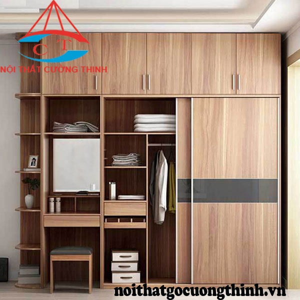 Tủ quần áo 2 cánh trượt kết hợp bàn trang điểm gam màu nâu nhạt sang trọng