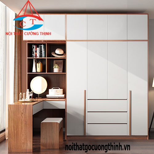 Tủ quần áo kèm bàn trang điểm kịch trần đầy tiện ích màu nâu trắng