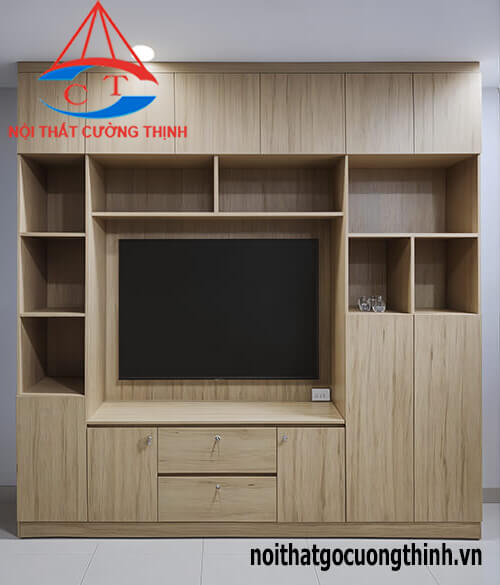 Mẫu tủ để tivi phòng khách kịch trần bằng gỗ HDF đẹp