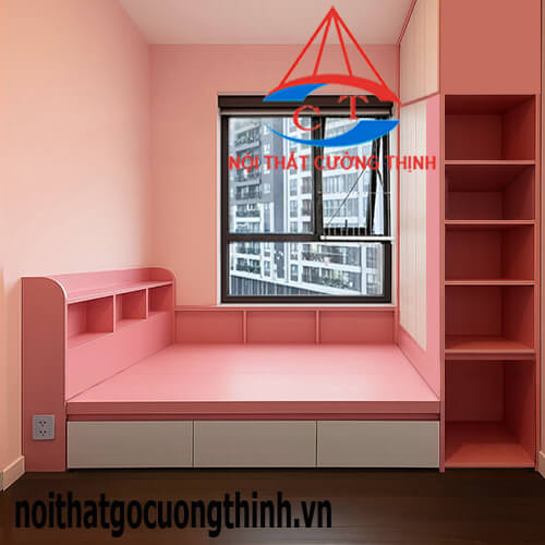 Giường liền tủ màu hồng phối trắng cho bé thiết kế thông minh tối ưu không gian phòng ngủ nhỏ