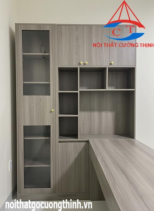 Bàn văn phòng kết hợp kệ tủ đứng cánh kính chữ L gỗ công nghiệp 
