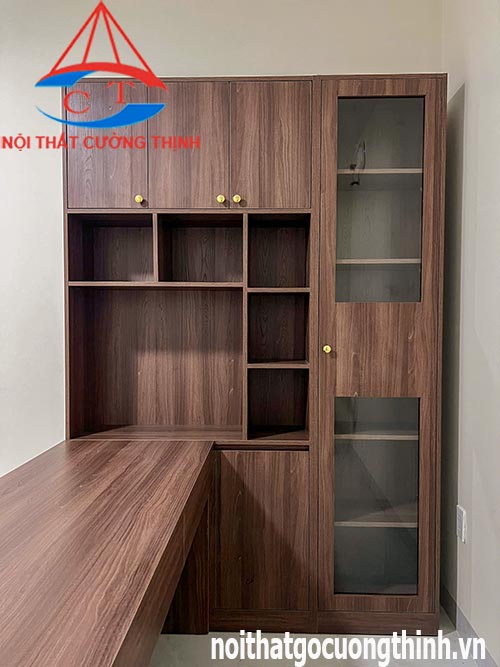 Bàn làm việc kèm tủ tài liệu chữ L hiện đại vân gỗ óc chó