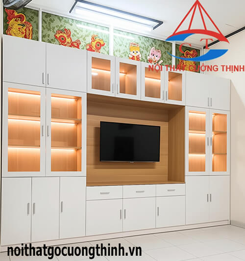 Mẫu tủ kệ tivi hiện đại gỗ công nghiệp MDF két hợp đèn sang trọng