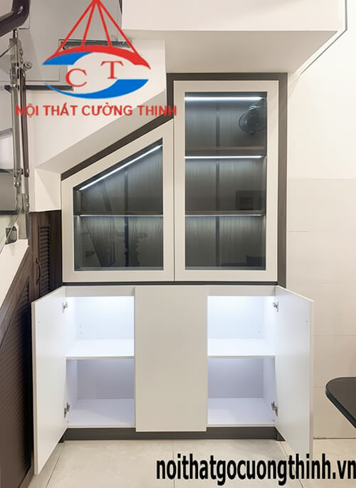 Tủ góc cầu thang có đèn hiện đại gỗ đẹp