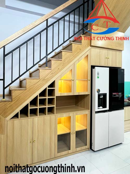 Mẫu tủ rượu gầm cầu thang có đèn đẹp hiện đại