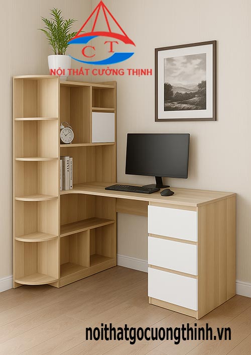 Mẫu bàn học chữ L đẹp có kệ sách gỗ công nghiệp hiện đại