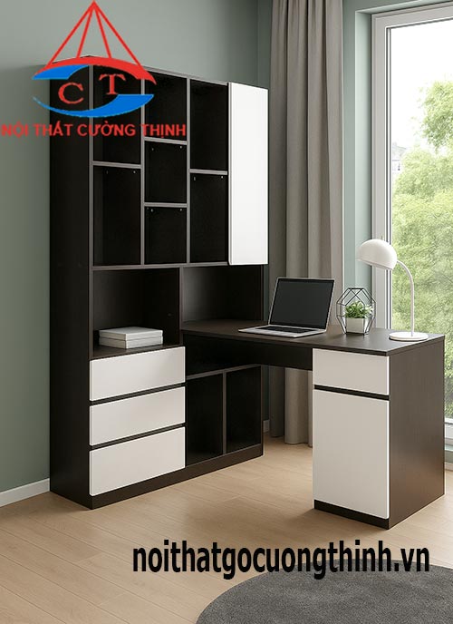 Bàn làm việc kèm giá sách hình chữ L tiện nghi
