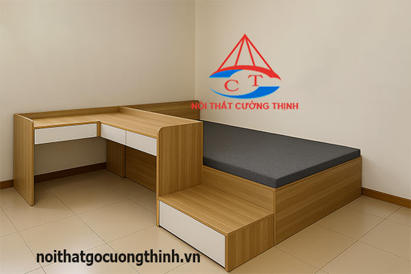 Giường hộp liền bàn học gỗ hiện đại
