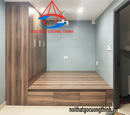 Giường phản có hộc kéo liền tủ thông minh vân gỗ nâu xám