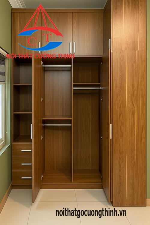 Mẫu tủ quần áo chữ L kịch trần gỗ công nghiệp cánh kính