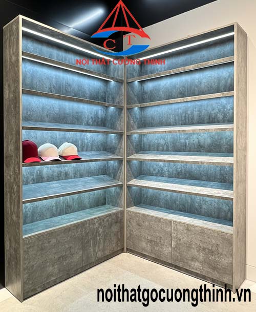 Tủ trưng bày có đèn kiểu góc L đẹp hiện đại