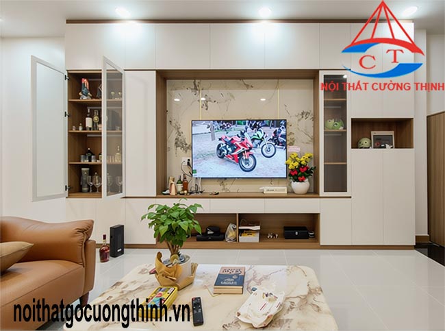 Tủ trang trí phòng khách đẹp tích hợp tủ rượu và kệ tivi