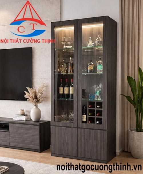 Mẫu tủ rượu đẹp có đèn sang trọng gỗ MDF hiện đại cho phòng khách