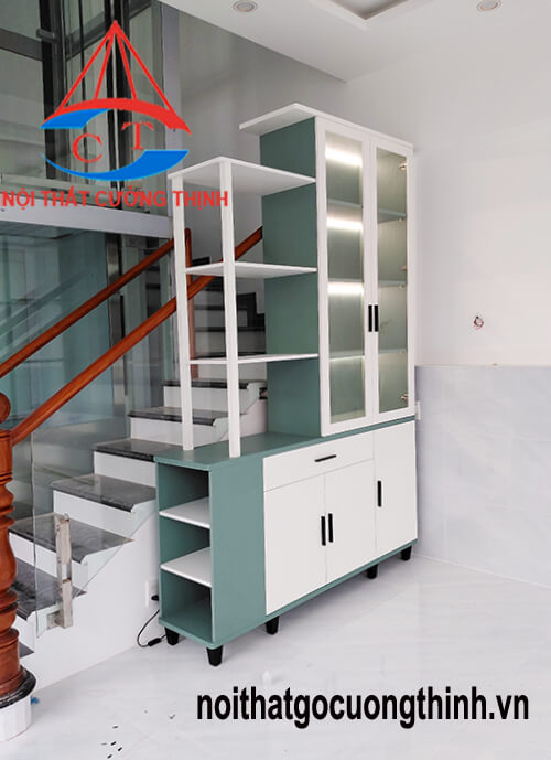 Tủ vách trang trí cầu thang phòng khách gỗ đẹp hiện đại tông xanh pastel-trắng