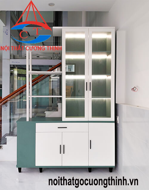 Mẫu vách ngăn cầu thang kết hợp tủ trang trí phòng khách gỗ đẹp hiện đại