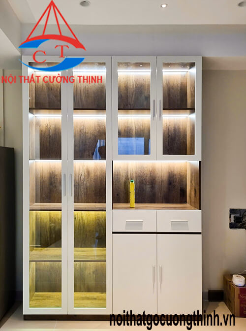 Tủ rượu gỗ công nghiệp cánh kính LED hiện đại, đẹp gọn, trưng bày sang trọng.