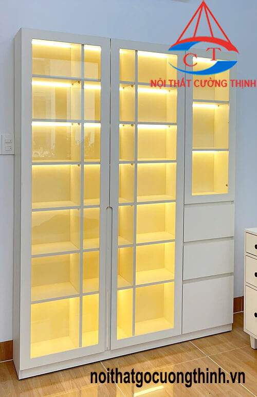 Tủ trưng bày túi xách cánh kính LED thiết kế hiện đại, đóng chất lượng cao giá xưởng.