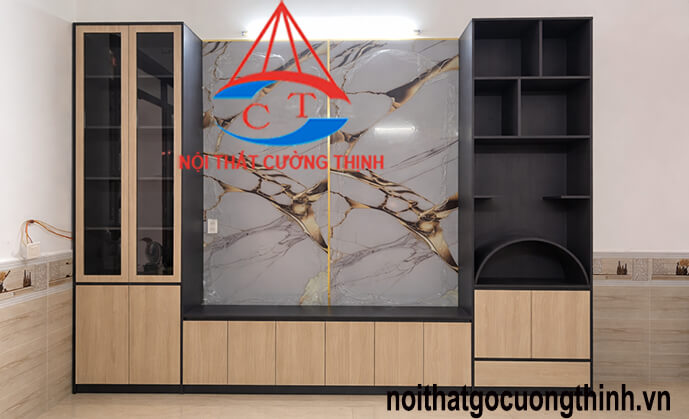 Mẫu tủ kệ tivi phòng khách gỗ kết hợp vách trang trí vân đá đẹp hiện đại